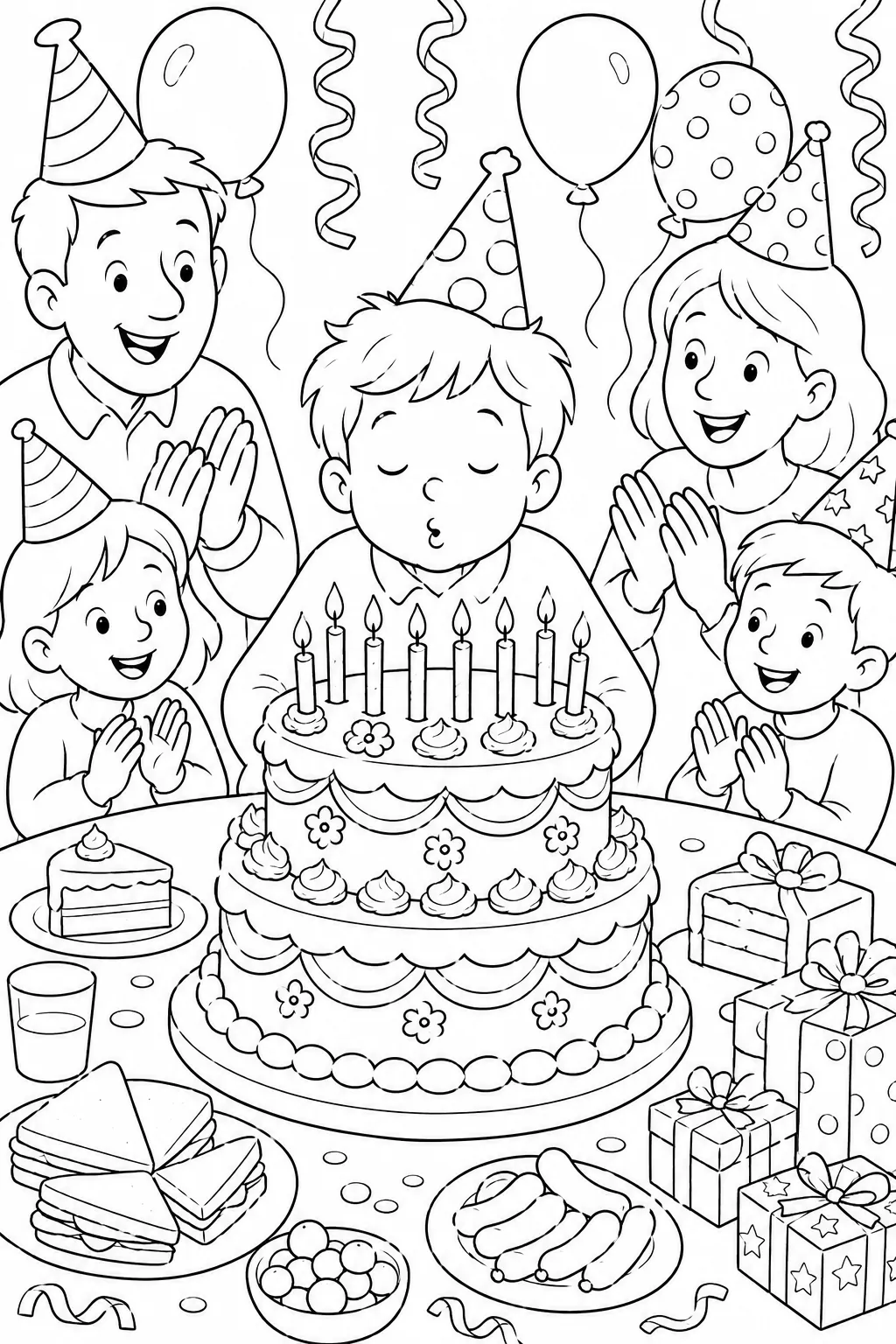 涂色页：孩子吹灭生日蛋糕蜡烛并许愿