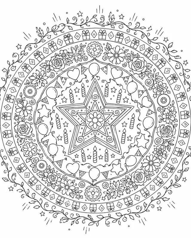 生日星曼陀罗：中心一颗闪耀的星星，被蜡烛、气球和花朵的光芒环圈围绕