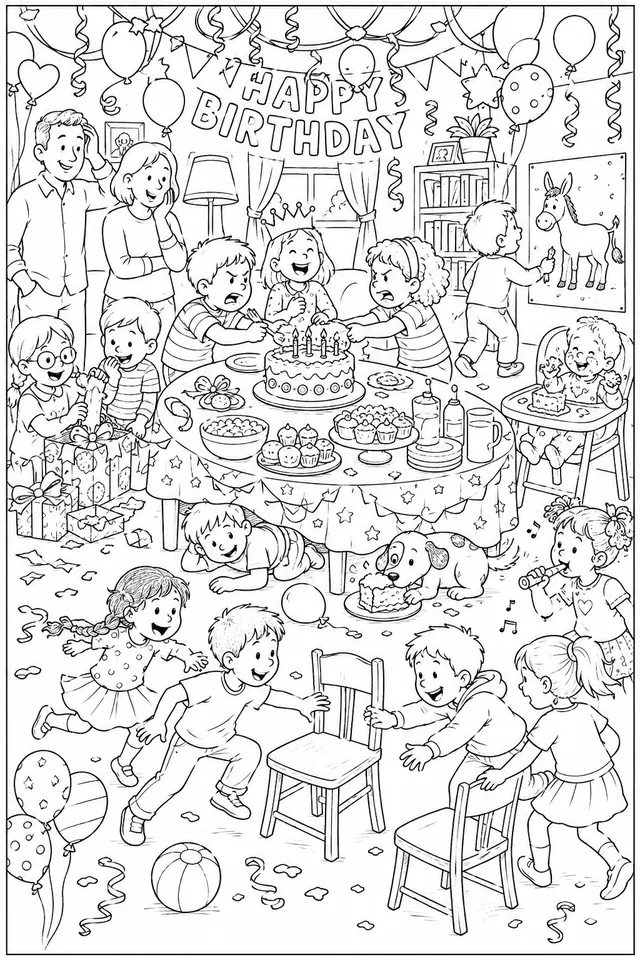 Wimmelbild Children's Birthday: A Wonderful Chaos of Games, Cake, Gifts, Balloons and Happy Children Everywhere