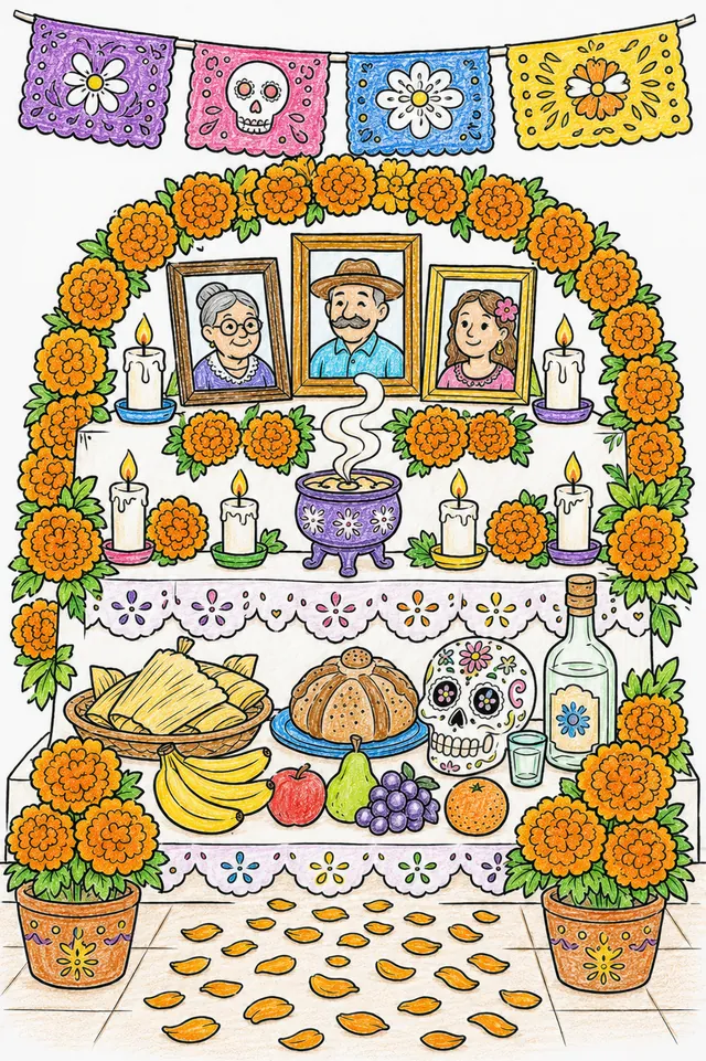 Ausmalbild: Día de los Muertos Ofrenda mit Marigold-Bögen, Fotos und Zuckerschädel