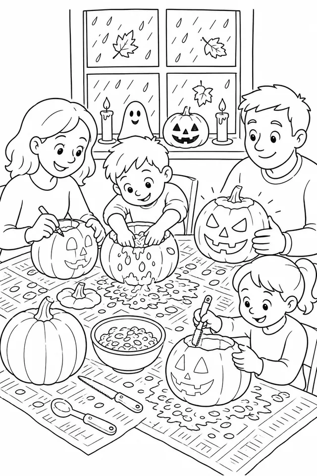 Kürbis-Schnitzen als Familienspaß: Eltern und Kinder schnitzen zusammen gruselige und lustige Jack-o'-Lantern-Gesichter