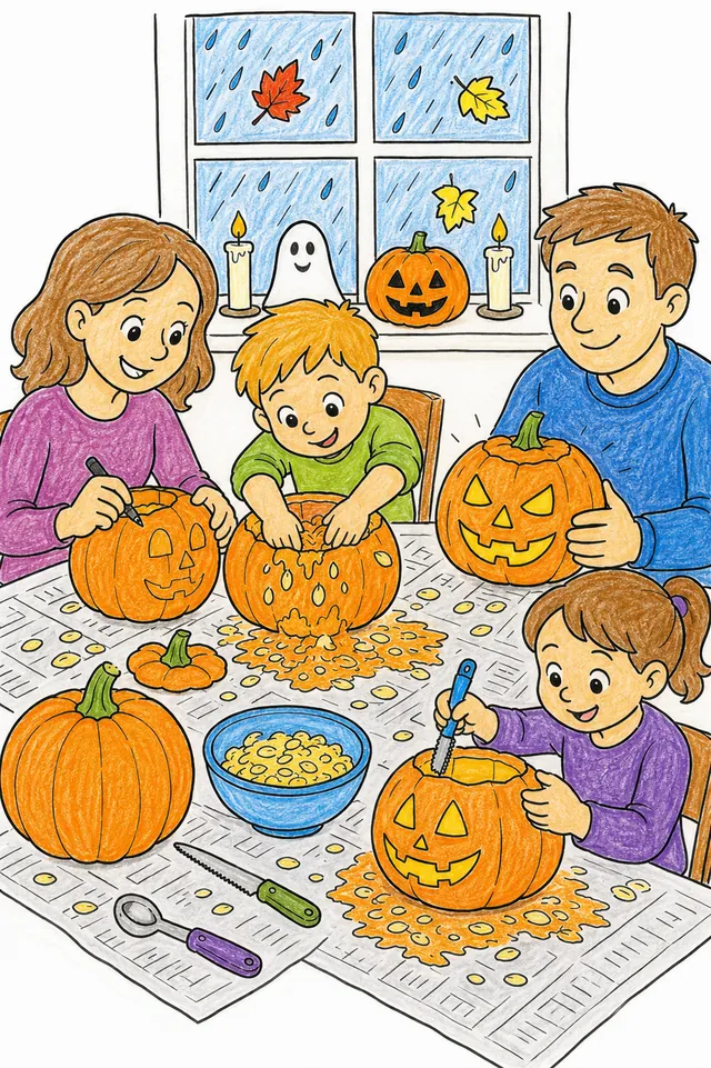 Ausmalbild: Halloween Familie schnitzt Kürbisse gemeinsam am Küchentisch