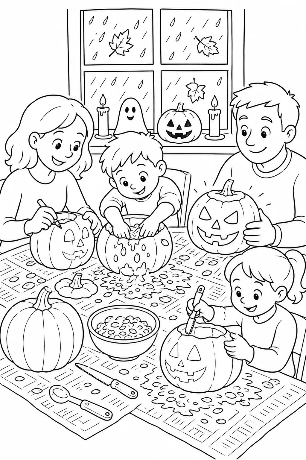 Ausmalbild: Halloween Familie schnitzt Kürbisse gemeinsam am Küchentisch