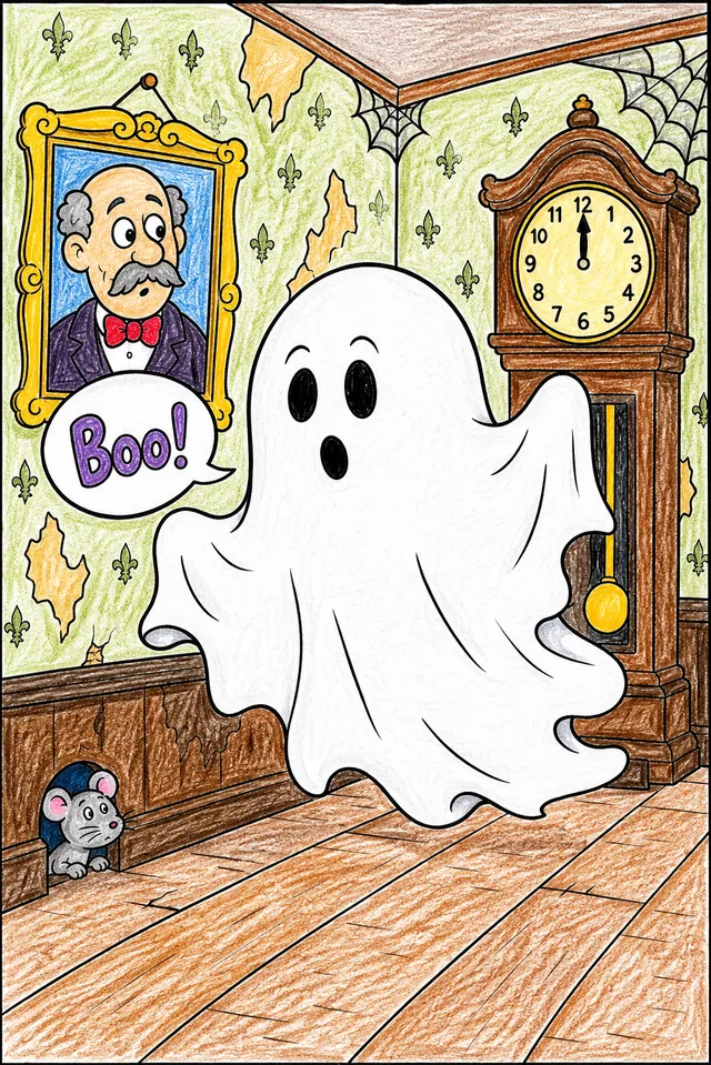 Ausmalbild: Halloween Laken-Gespenst mit Buh-Sprechblase im alten Hausflur