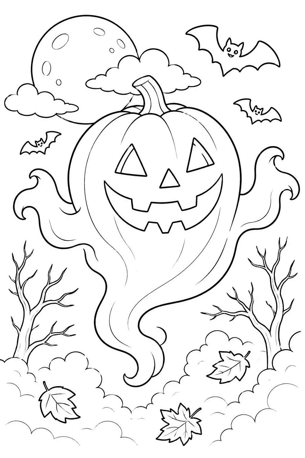 Colorear: fantasma calabaza Halloween Jack-o'-Lantern flotando en niebla otoñal