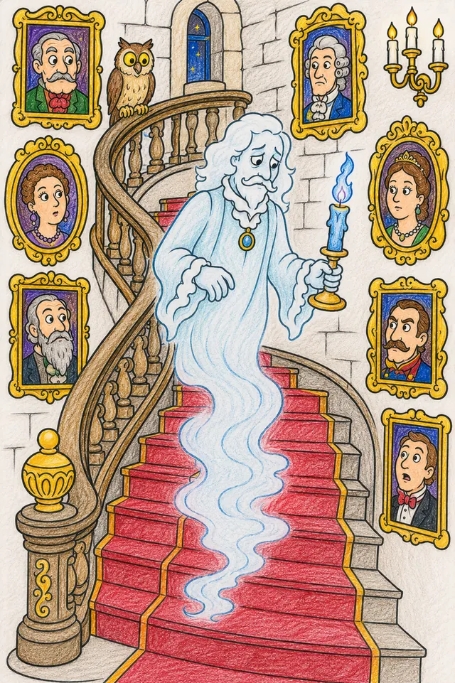 Ausmalbild: Halloween Schloss-Geist auf Treppenhaus mit Porträts die ihm folgen