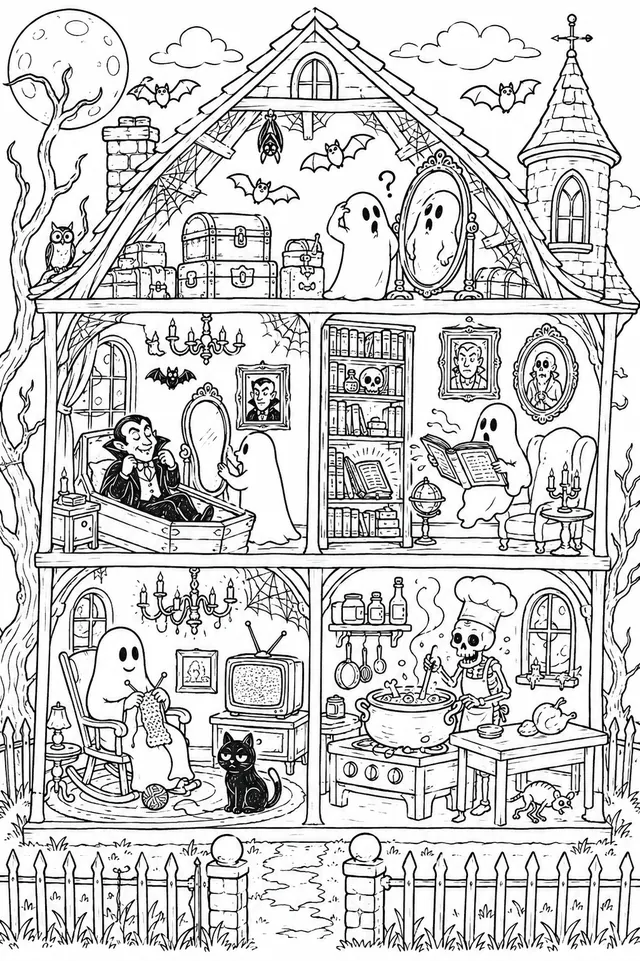 鬼屋截面图：每间房间里都有鬼魂、骷髅和可怕惊喜的三层楼