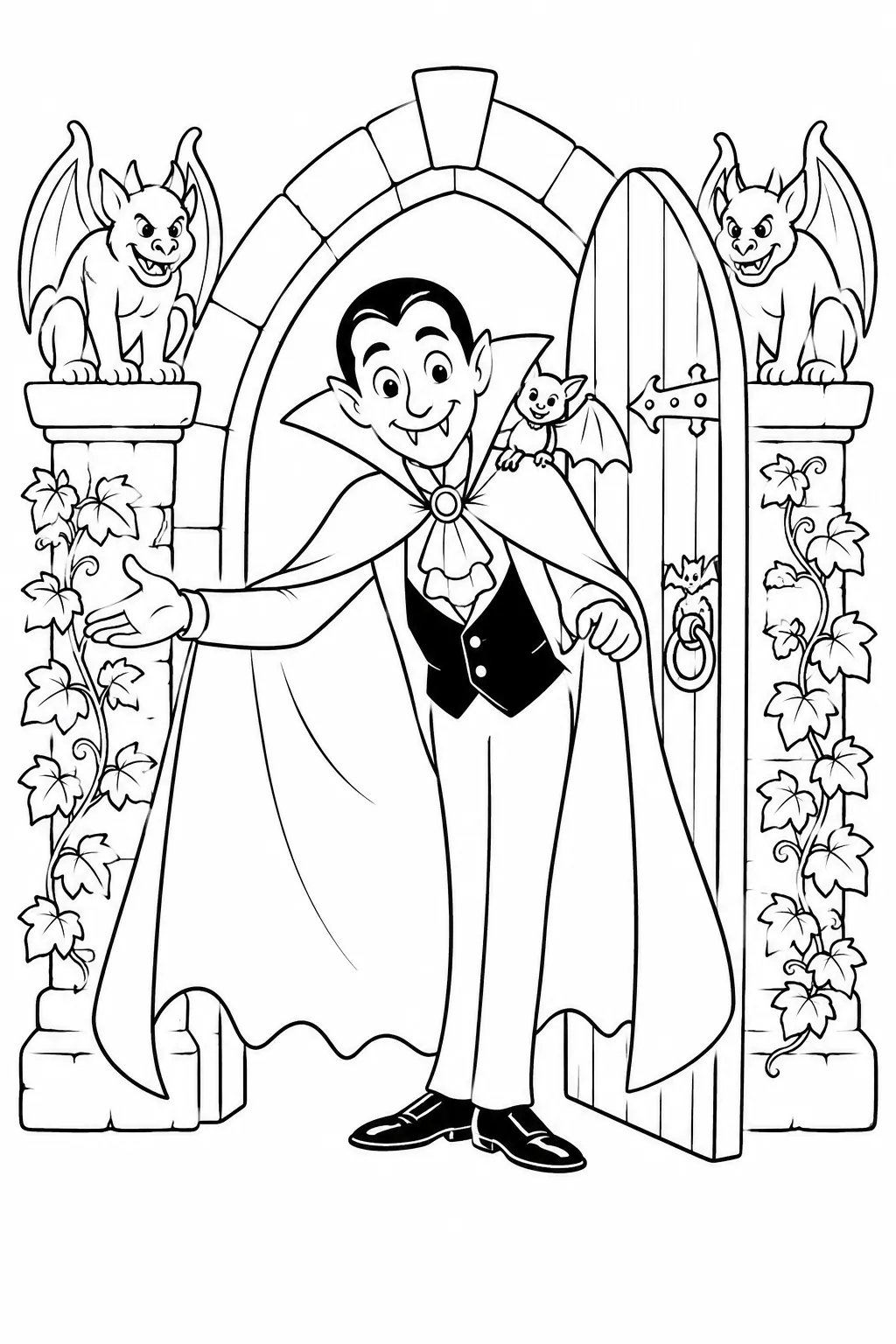 Ausmalbild: Halloween Vampir mit gespreiztem Umhang öffnet gotisches Schlosstor