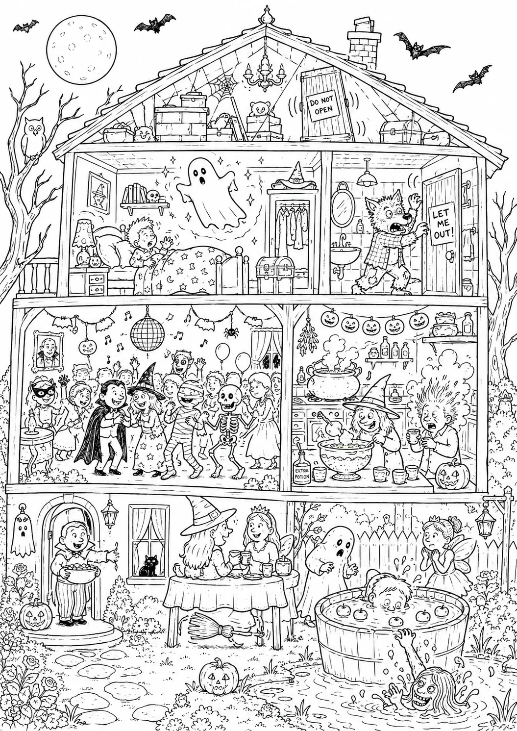 Coloring page wimmelbild: Halloween costume party in house with real ghost and dancing skeleton