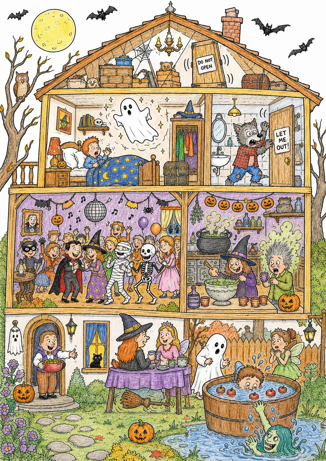 Wimmelbild Halloween Costume Party: A Multi-Storey House Full of Party Guests in Costumes — and Everyone Has a Little Secret