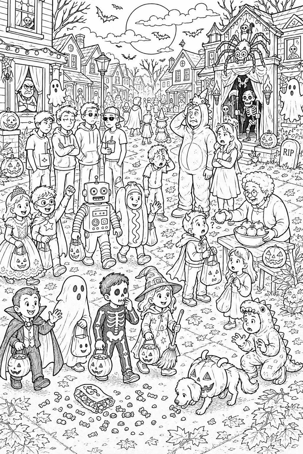 Coloring page wimmelbild: Halloween Trick-or-Treat street with costumes, dog and neighbour with apples