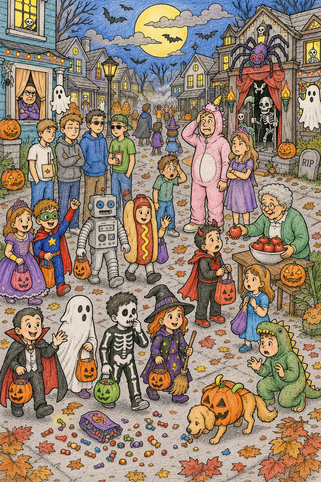 Wimmelbild Halloween Trick-or-Treat: An Entire Street of Costumed Children, Over-Eager Neighbours and Spooky Surprises