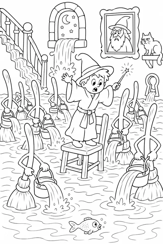 万圣节的魔法师学徒：学徒召唤了太多扫帚，整个城堡都被水淹了