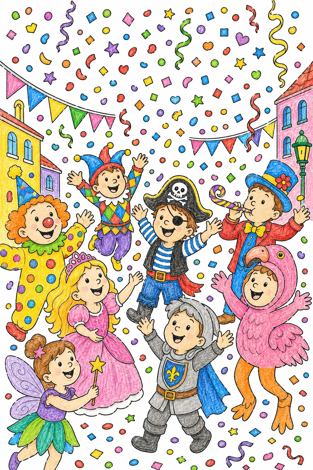 Konfetti-Regen beim Karneval: Farbige Konfetti-Schneeflocken regnen auf tanzende Karnevals-Feiernde in der Straße herab