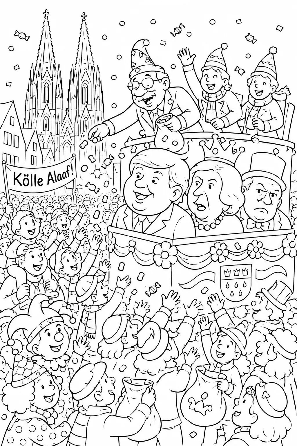 Ausmalbild: Kölner Rosenmontagszug mit Festwagen und Menge die nach Kamelle greift