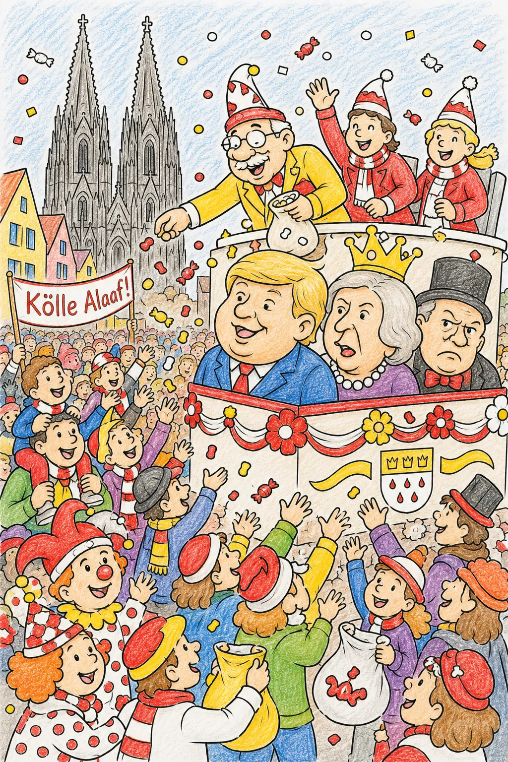 Kölner Karneval: Der Rosenmontagszug — prächtige Festwagen, Kamelle-Regen und jecke Jecken feiern Karneval am Rhein