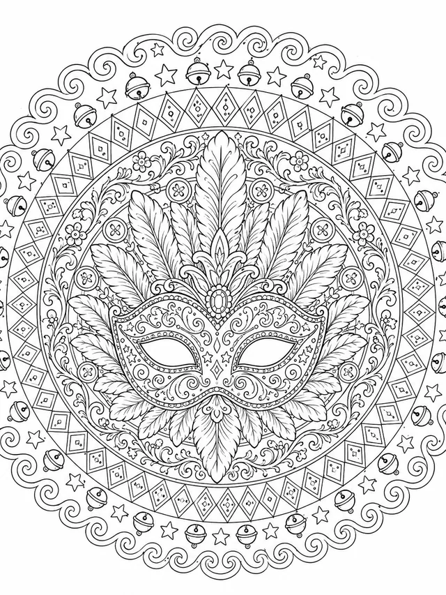 Carnival Mask Mandala: A Magnificent Mask Form at the Centre Surrounded by Feathers, Spirals and Ornaments in Concentric Rings