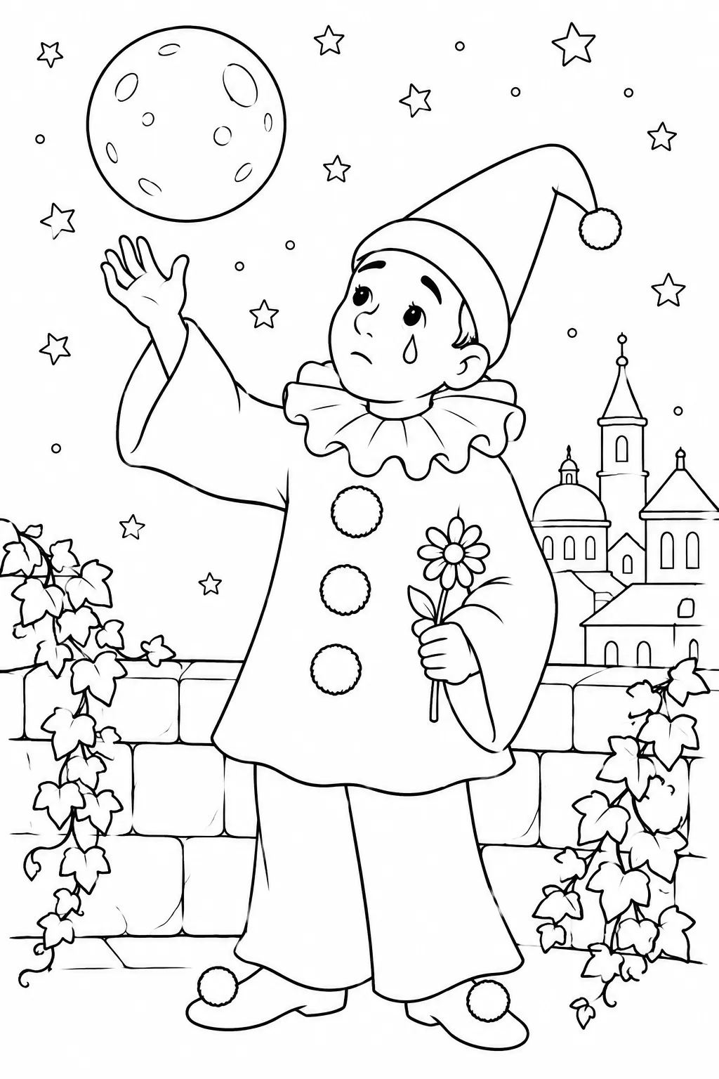 Coloring page: Pierrot in white costume looking melancholically up at the full moon