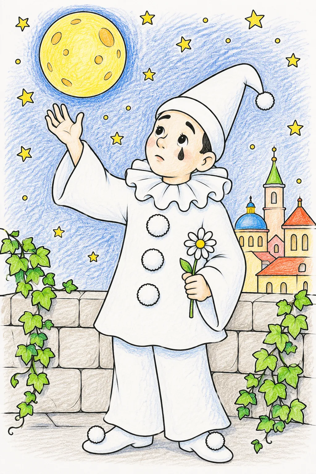 Pierrot in the Moonlight: The Sad-Poetic Comedy Figure Stands in the Moonlight — Dressed in White, Face Whitened, Full of Longing