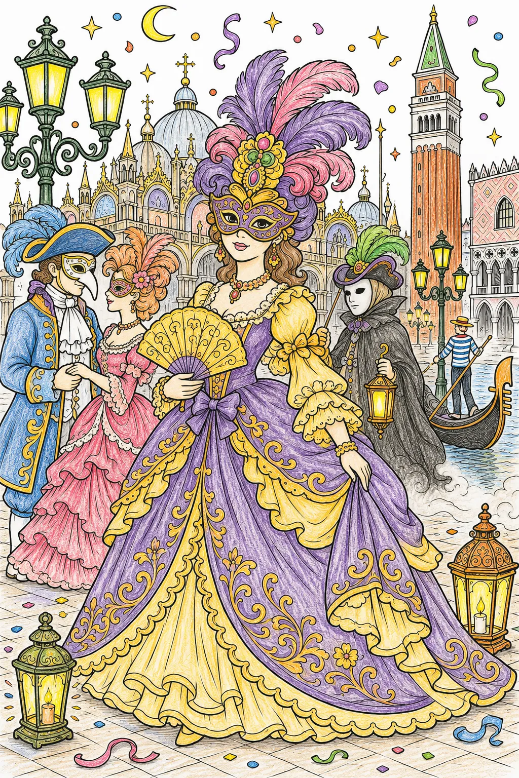 Venezianischer Karneval auf der Piazza San Marco: Maskierte Figuren im Mondlicht zwischen Gondeln und dem Campanile