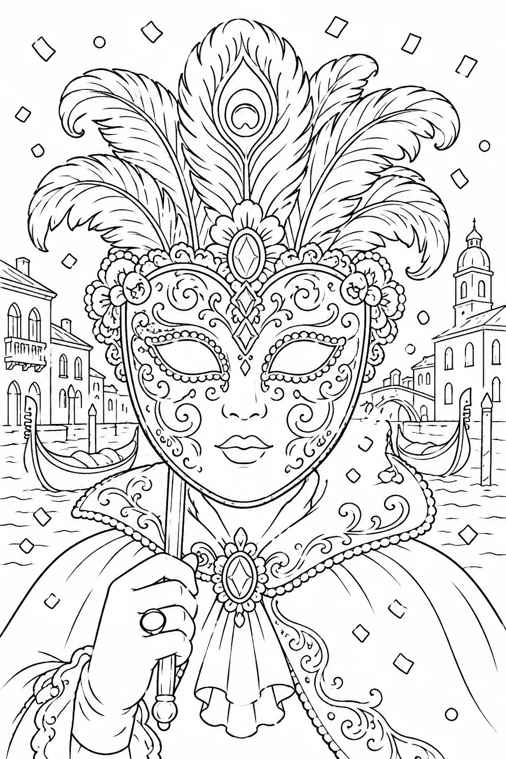 Ausmalbild: Prächtige venezianische Karnevalsmaske mit Federn und Ornamenten