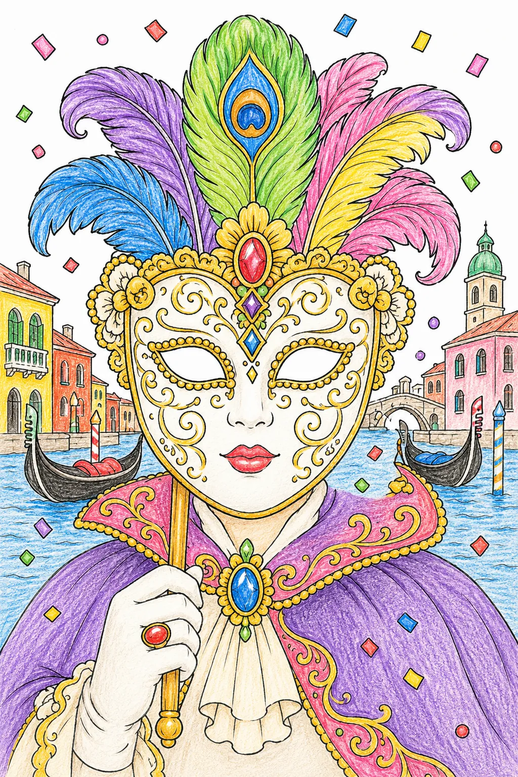 Die venezianische Maske: Eine prachtvolle geschmückte Maske mit Federn, Gold und Ornamenten — Symbol des Venezianischen Karnevals