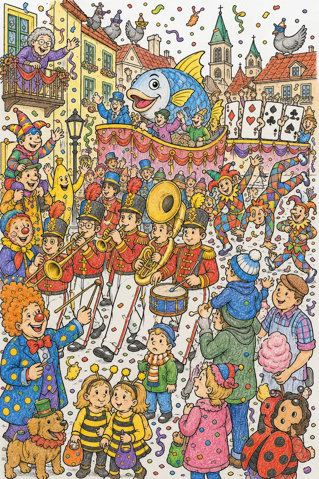 Ausmalbild Wimmelbild: Chaotischer Karnevalszug mit Blaskapelle und Festwagen