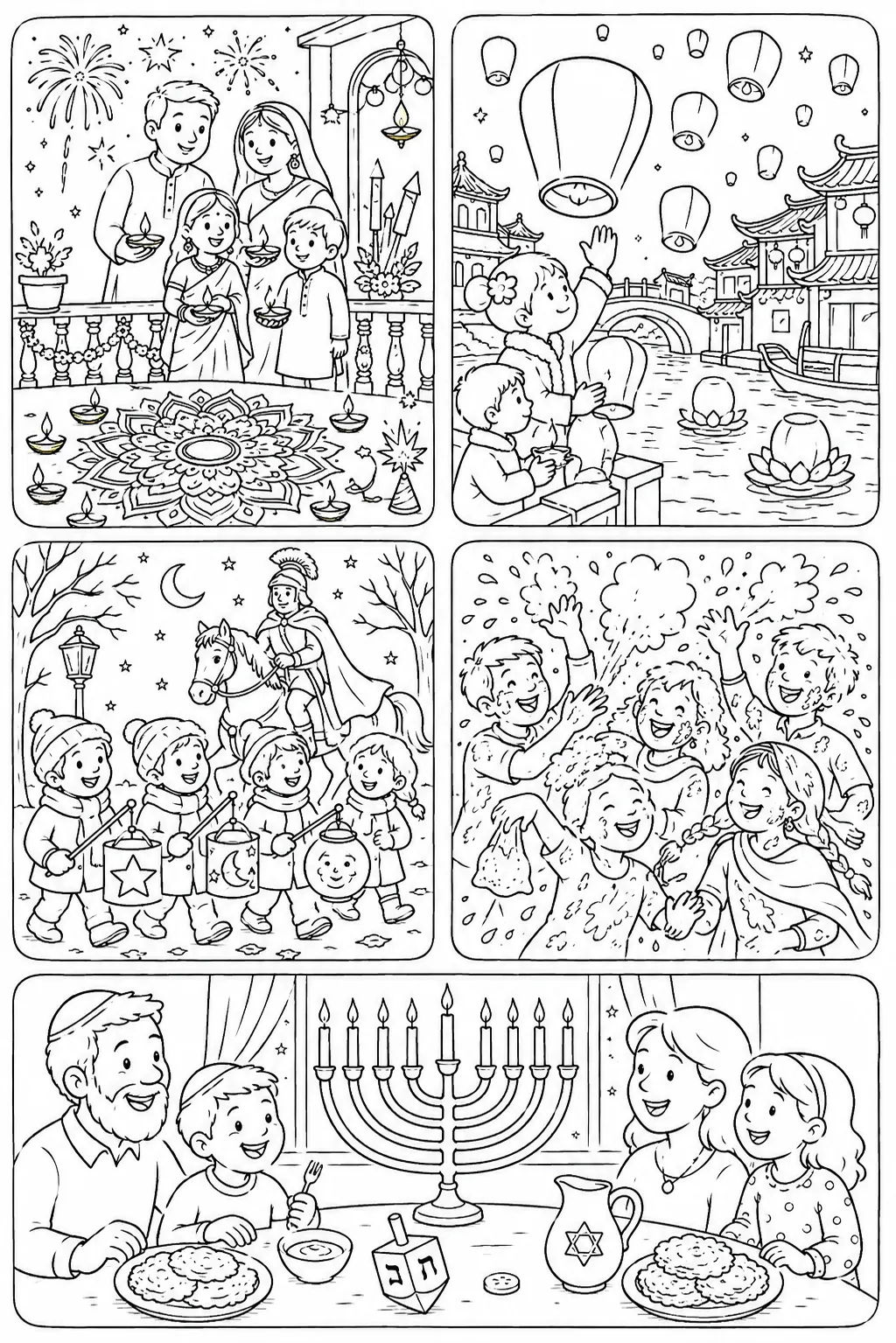 涂色页：有排灯节、光明节和灯笼游行的全球光明节日图集