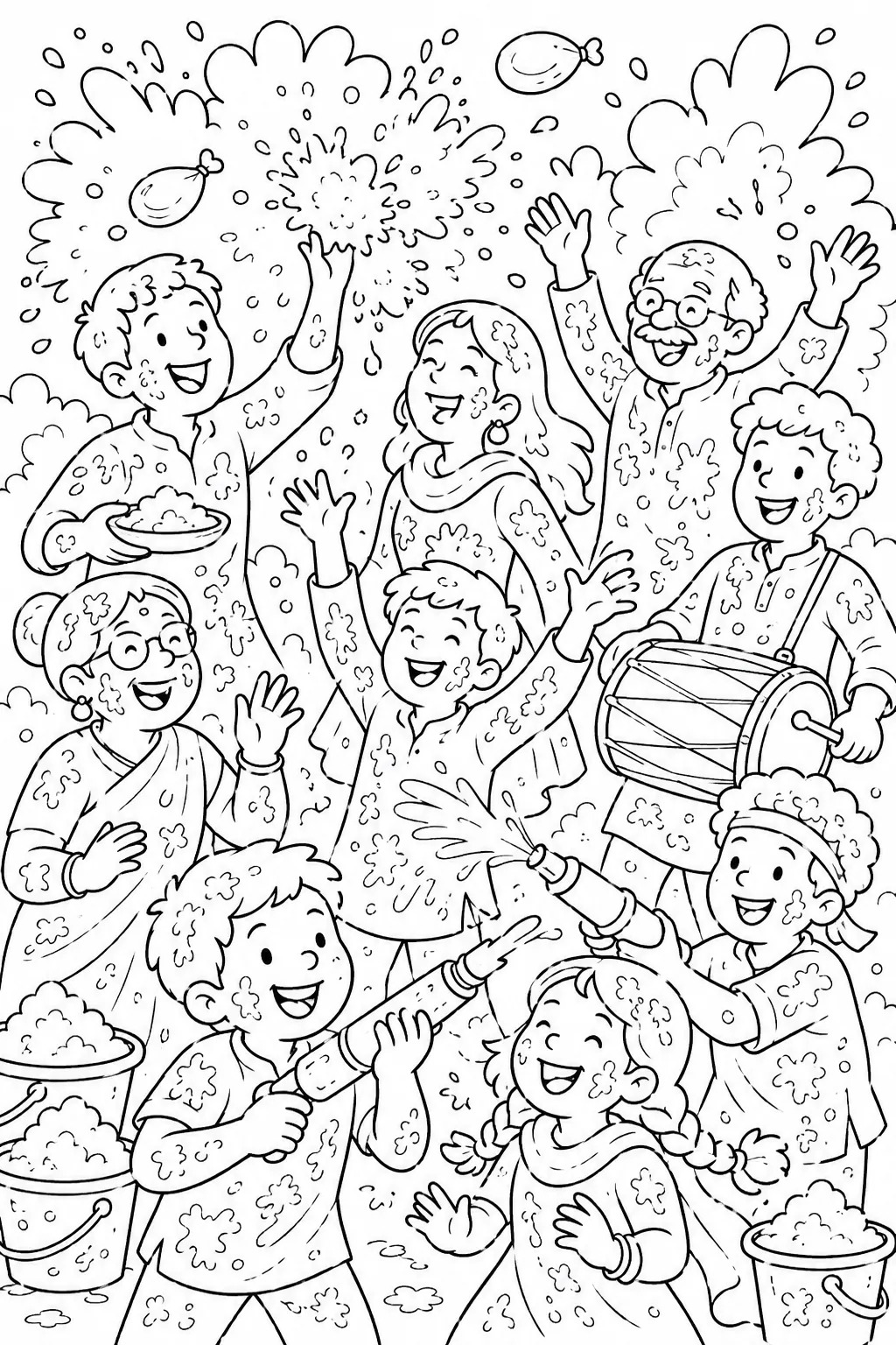 रंग भरने का चित्र: रंगीन पाउडर बादलों और हँसते रंग-लिपटे लोगों के साथ होली उत्सव