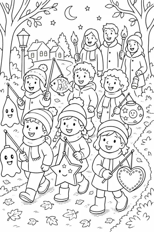 Der Laternenzug: Kinder schlendern singende Laternen-Gespenster, Sterne und Herzen durch die Novembernacht — ein Zug der Freude