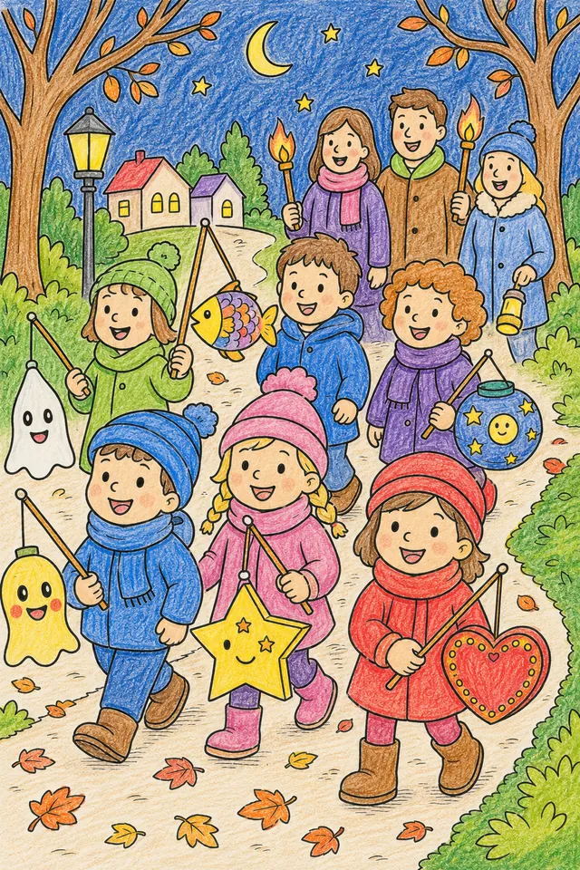 Der Laternenzug: Kinder schlendern singende Laternen-Gespenster, Sterne und Herzen durch die Novembernacht — ein Zug der Freude – So könnte es aussehen