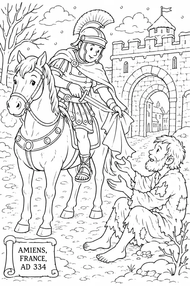 St. Martin teilt seinen Mantel: Die berühmte Legende von St. Martin zu Pferd und dem frierenden Bettler in der Winternacht