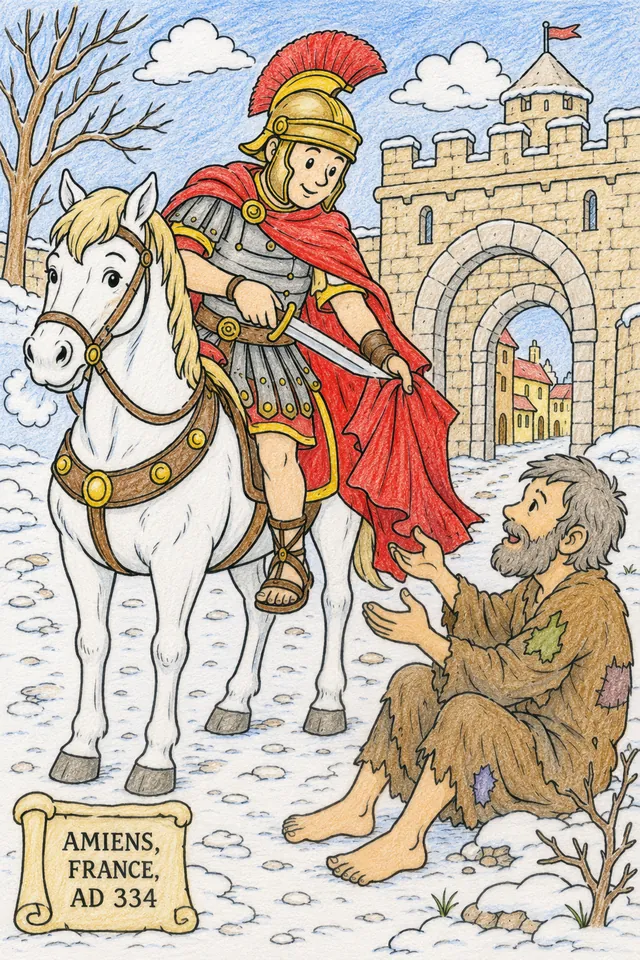 Ausmalbild: St. Martin zu Pferd teilt seinen Mantel mit einem Bettler