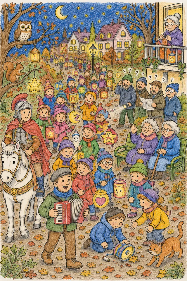 Ausmalbild Wimmelbild: Laternenzug in der Nacht mit St. Martin und vielen Kindern