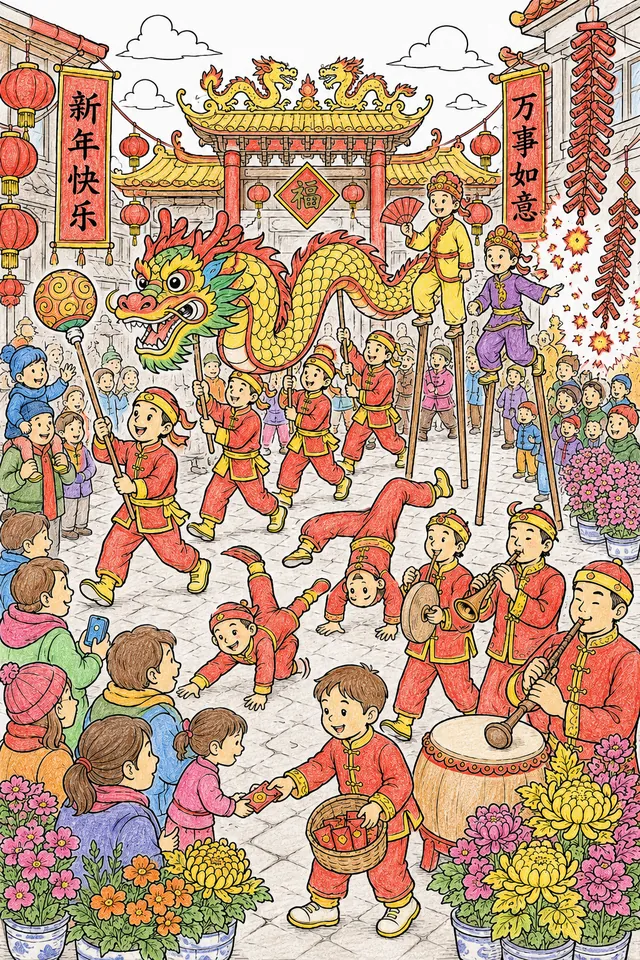 चीनी नव वर्ष परेड: मंदिर के सामने ड्रमर, कलाबाज़, आतिशबाज़ी और लालटेन के साथ एक भव्य ड्रैगन परेड – ऐसा दिख सकता है