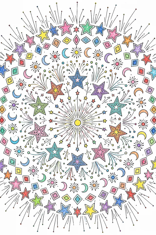Ausmalbild Mandala: Neujahrs-Feuerwerk-Mandala mit Sternen in konzentrischen Ringen