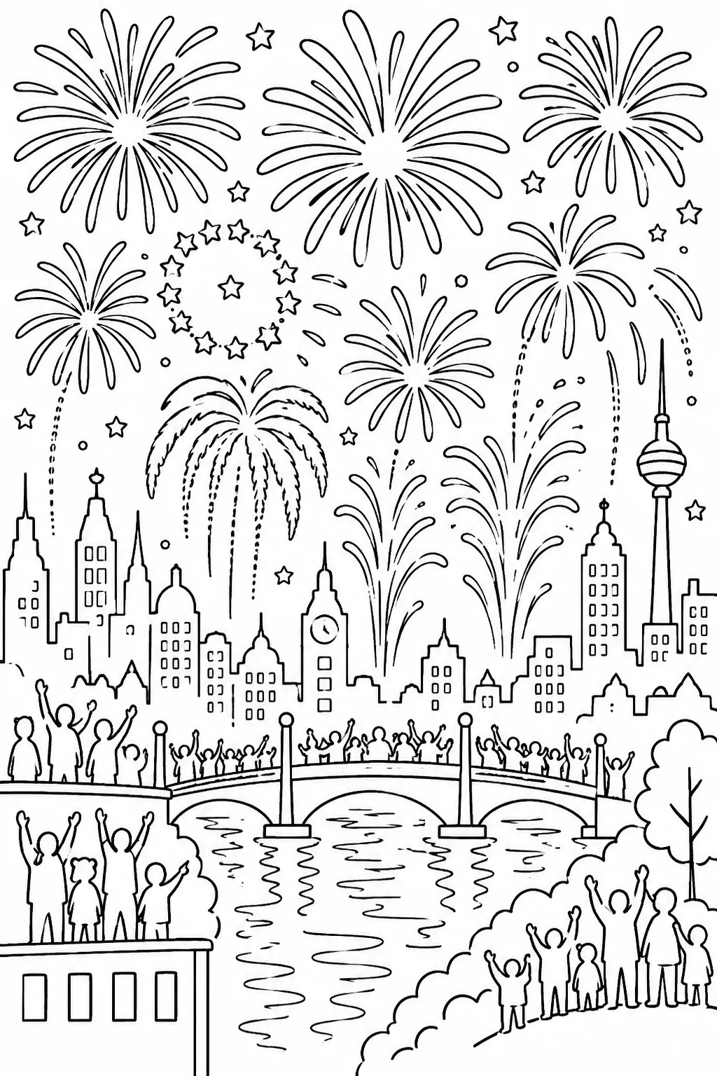 Coloring page: New Year's Eve fireworks above the dark city skyline at night