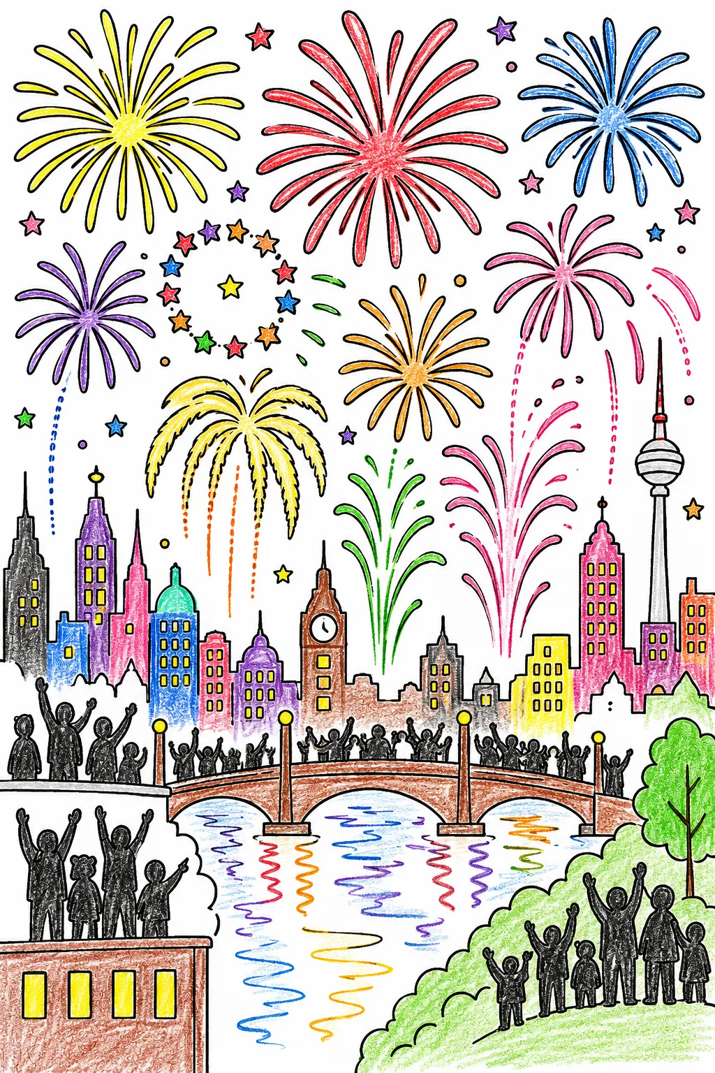 New Year's Eve Fireworks: A Magnificent Firework Explodes over the Silhouette of a City on New Year's Night
