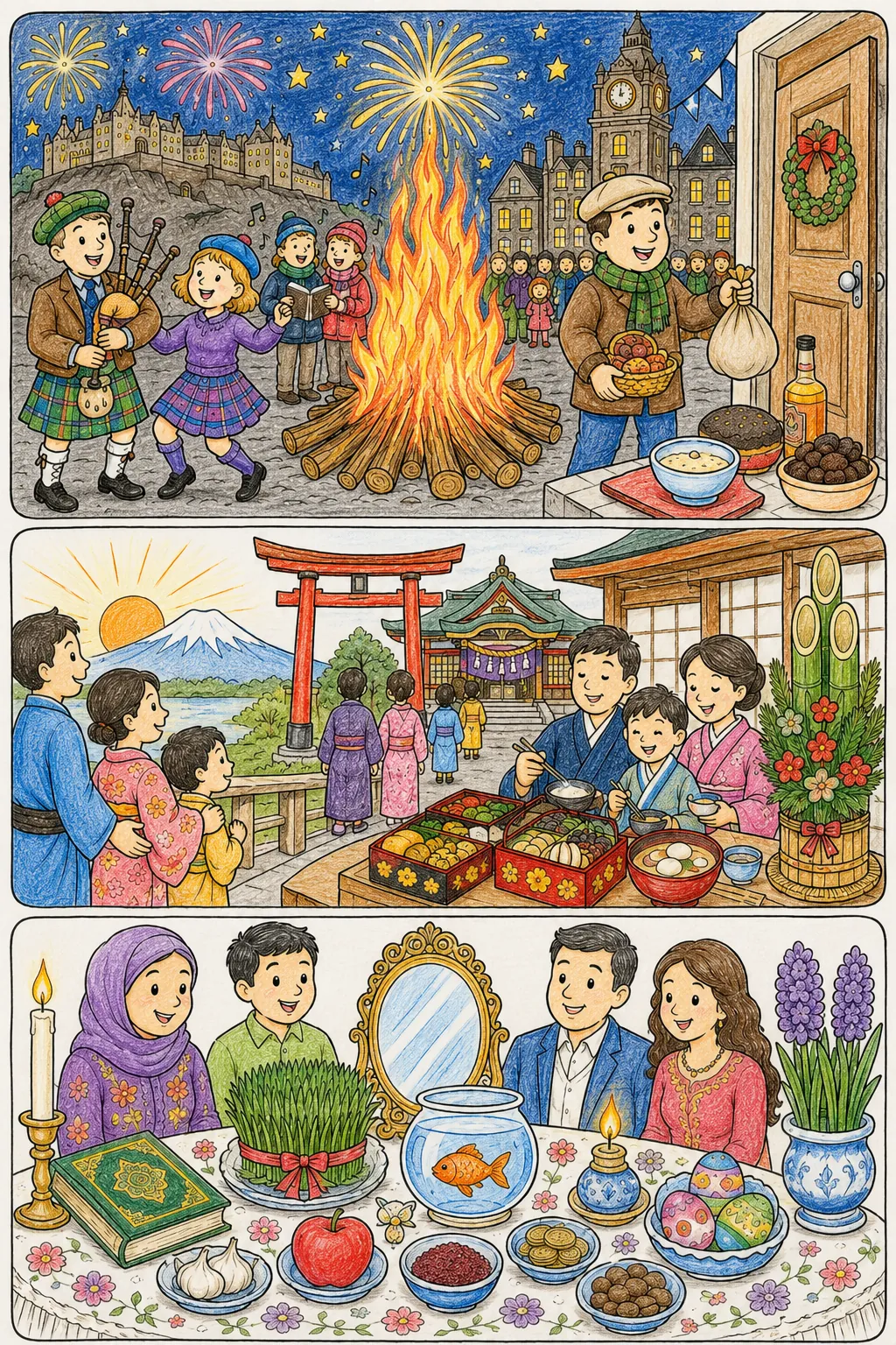 Neujahrstraditionen weltweit: Hogmanay in Schottland, Oshōgatsu in Japan und Nowruz in Iran — drei besondere Neujahre