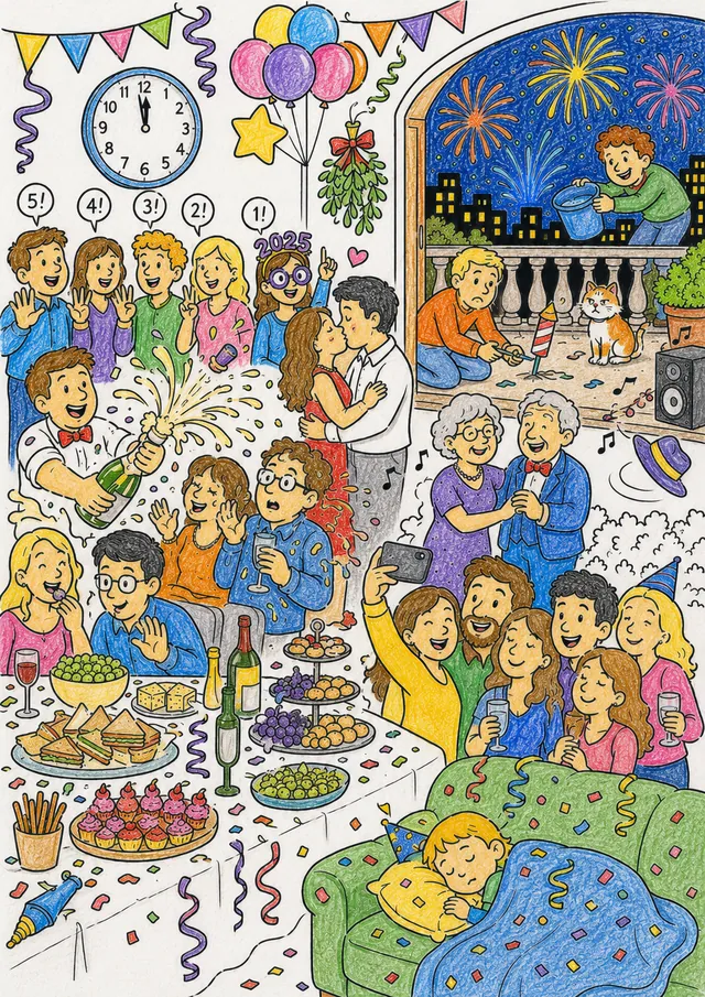 Ausmalbild Wimmelbild: Chaotische Silvester-Party mit Sektexplosion und Mitternachtsküssen