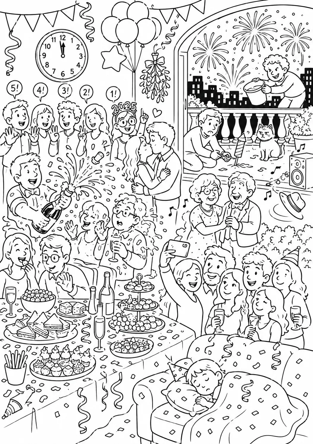 Ausmalbild Wimmelbild: Chaotische Silvester-Party mit Sektexplosion und Mitternachtsküssen
