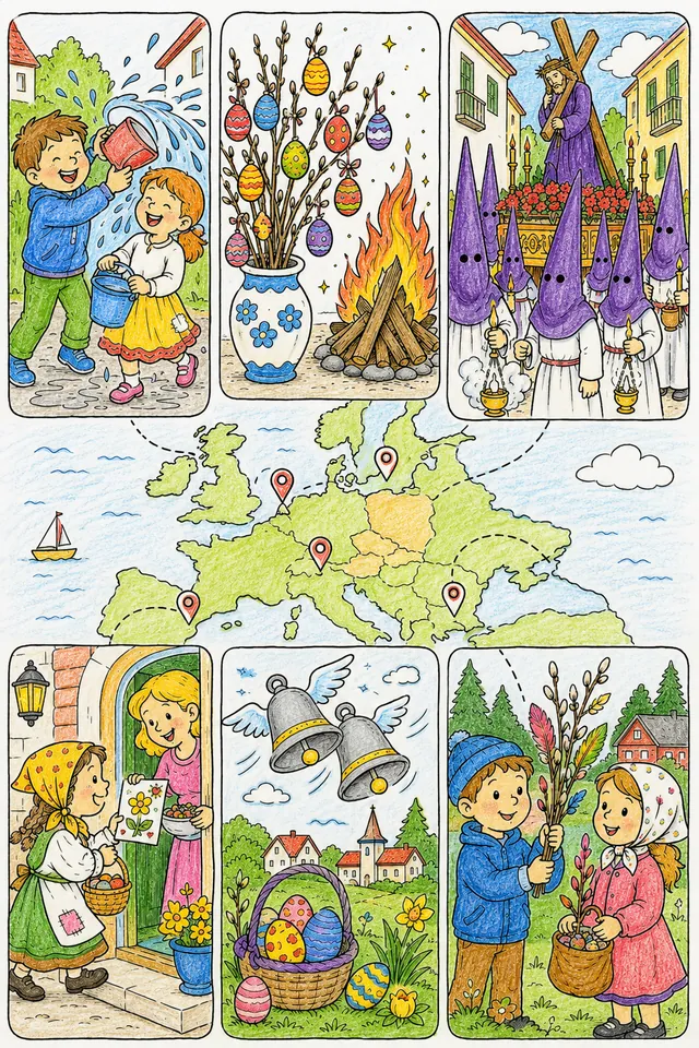 Ausmalbild: Atlas der europäischen Ostertraditionen mit sechs verschiedenen Ländern