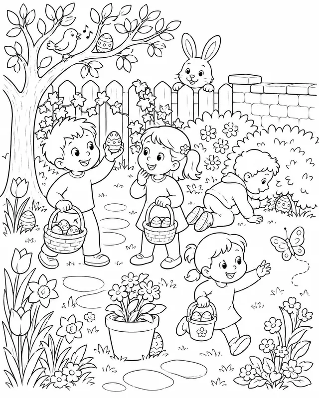 Die Ostereisuche: Kinder suchen im Garten und hinter jedem Strauch, Blumentopf und Stein könnten Ostereier versteckt sein