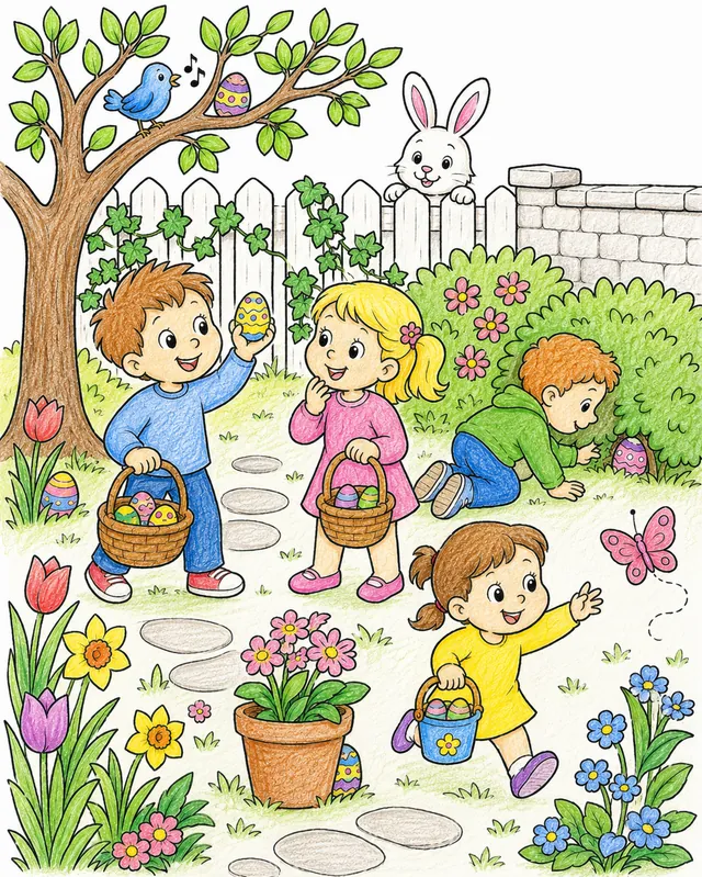 Ausmalbild: Kinder suchen Ostereier im Garten mit Osterhase hinter dem Zaun