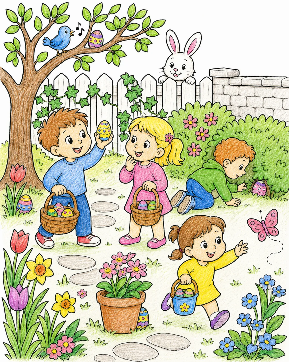 Die Ostereisuche: Kinder suchen im Garten und hinter jedem Strauch, Blumentopf und Stein könnten Ostereier versteckt sein