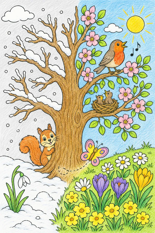 Ausmalbild: Baum mit Winter- und Frühlings-Hälften als Jahreszeiten-Verwandlung