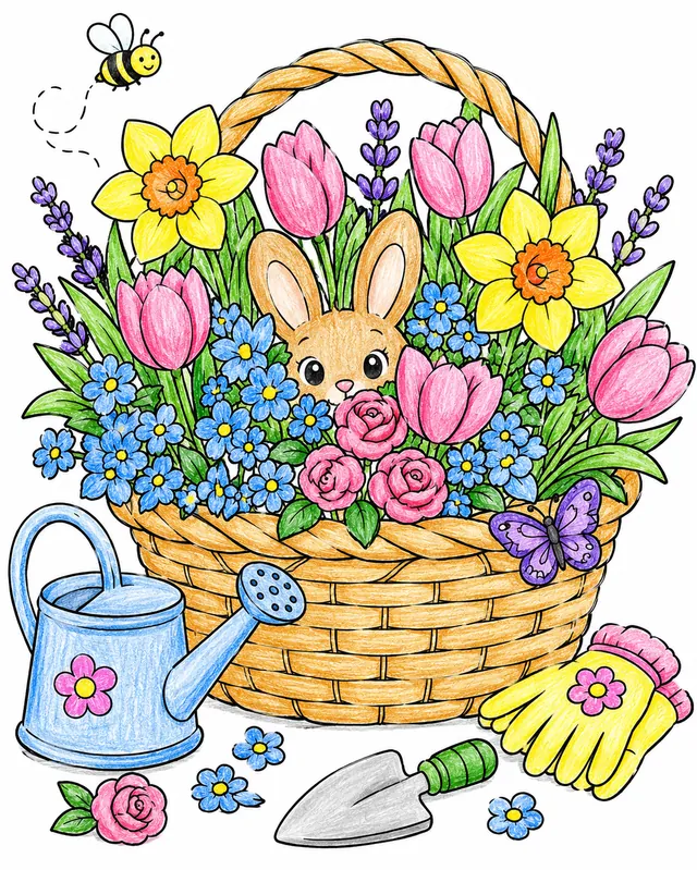 Ausmalbild: Kleiner Hase versteckt sich in überfliesendem Blumenkorb