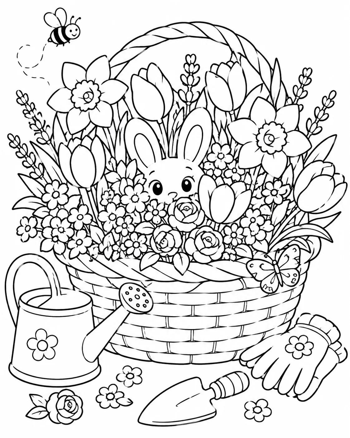 Ausmalbild: Kleiner Hase versteckt sich in überfliesendem Blumenkorb