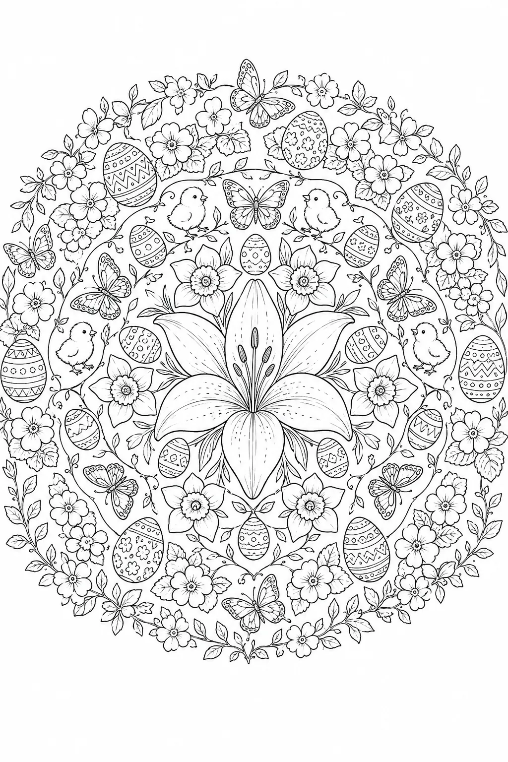 Coloring page mandala: Easter flower mandala with Easter lily, daffodils and Easter eggs