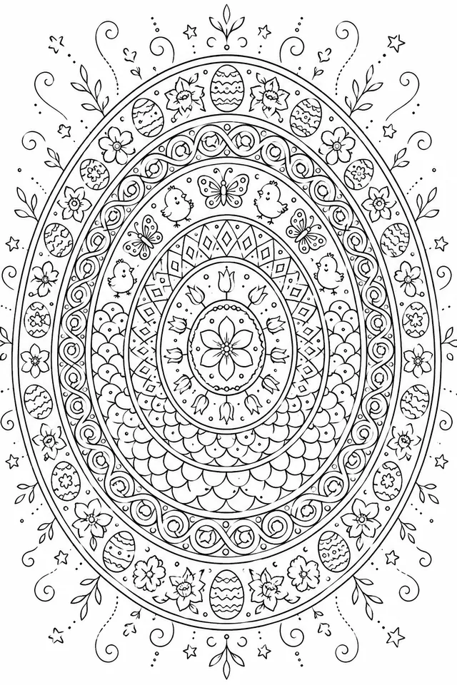 Easter Egg Mandala: A Decorated Easter Egg Becomes a Mandala — Concentric Patterns of Zigzag, Wave Lines and Spring Blossoms